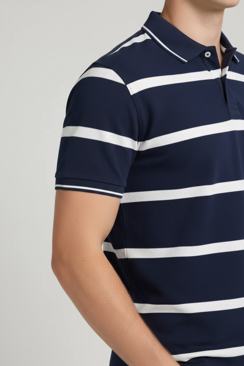Men Navy Striped Polo Collar T-shirt
