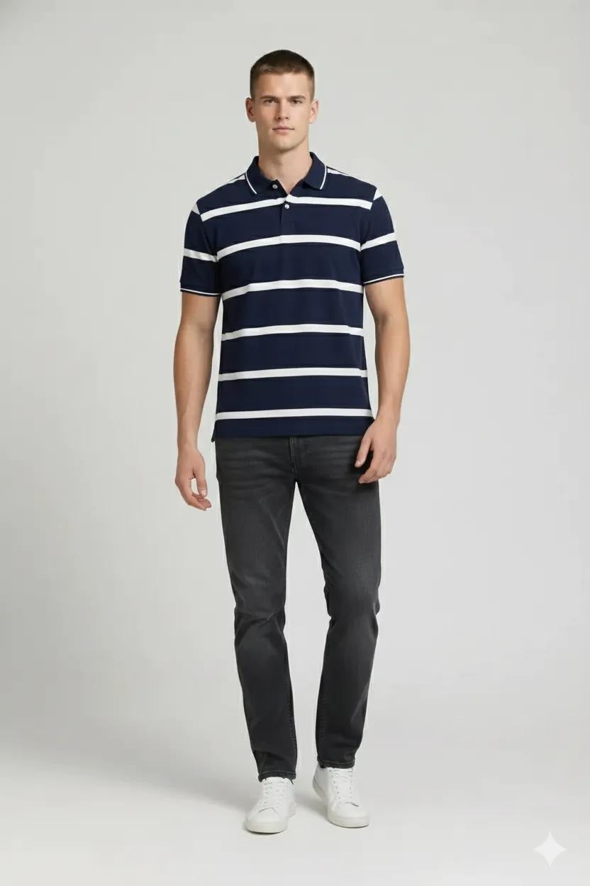 Men Navy Striped Polo Collar T-shirt