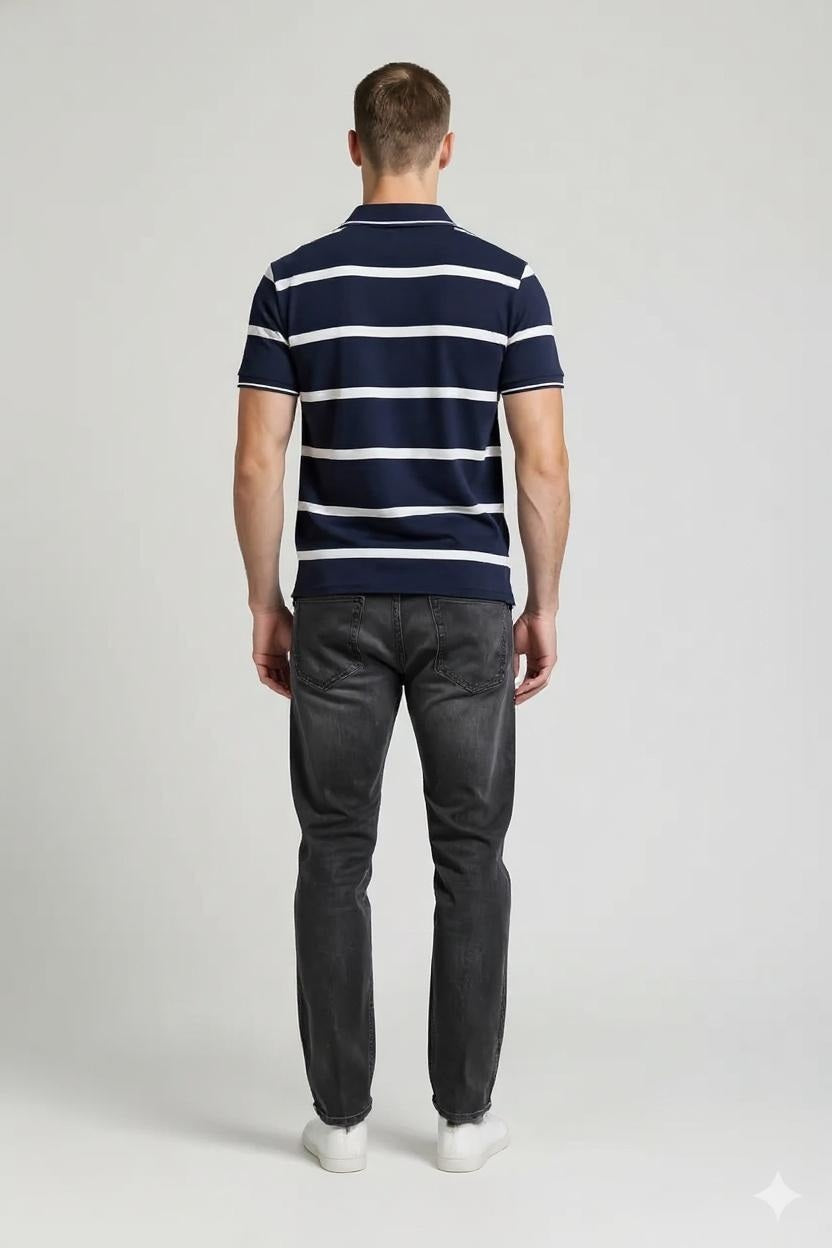 Men Navy Striped Polo Collar T-shirt