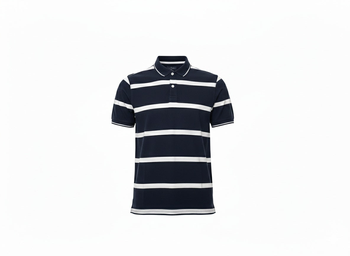 Men Navy Striped Polo Collar T-shirt