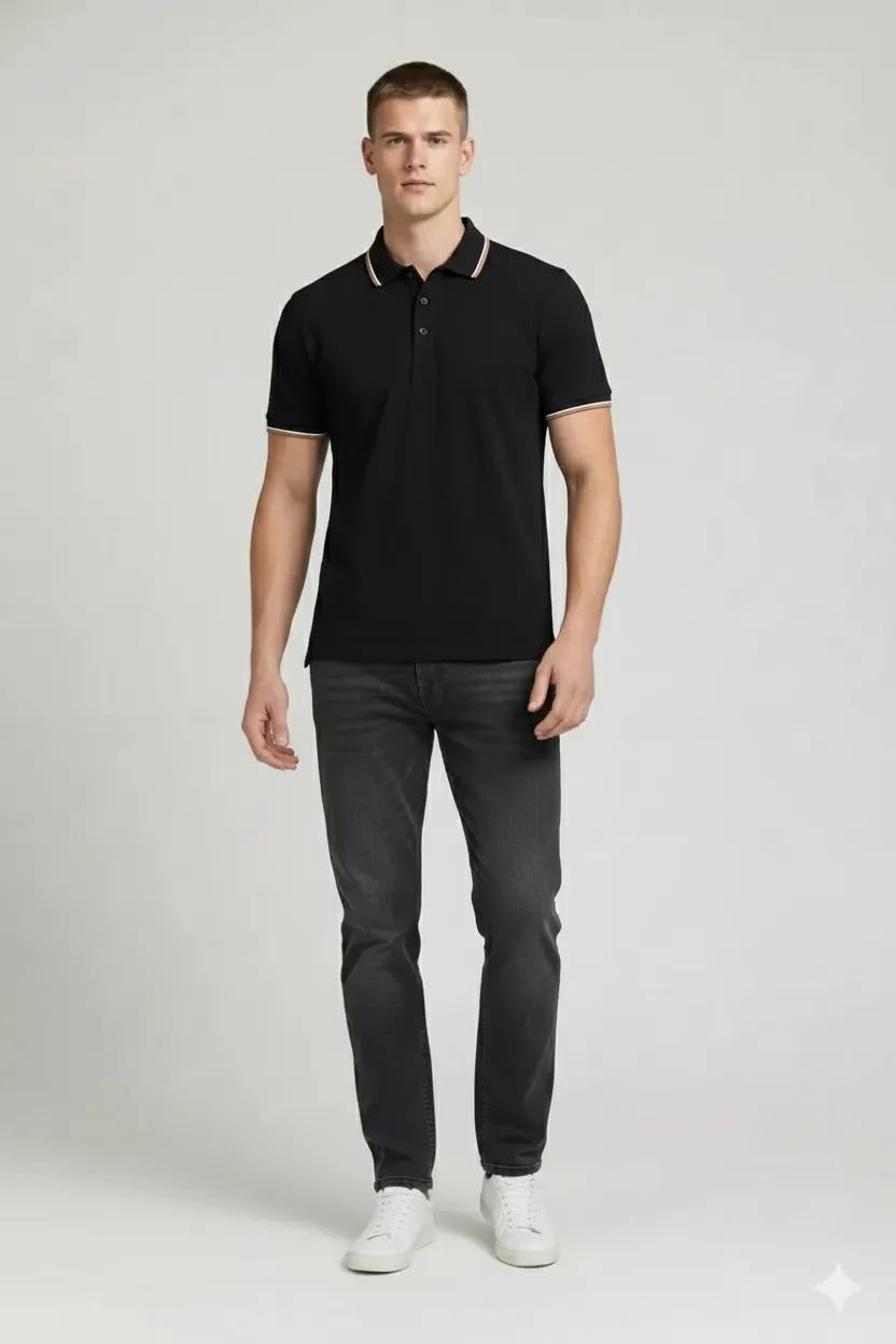 Men Black Polo Collar Solid T-shirt