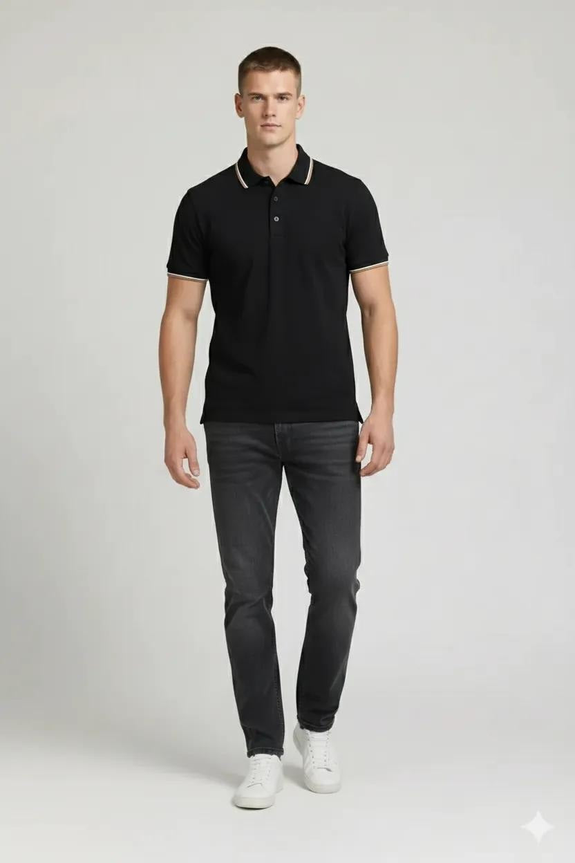 Men Black Polo Collar Solid T-shirt