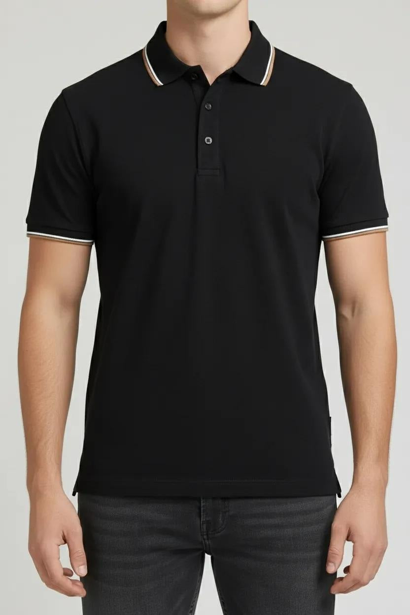 Men Black Polo Collar Solid T-shirt