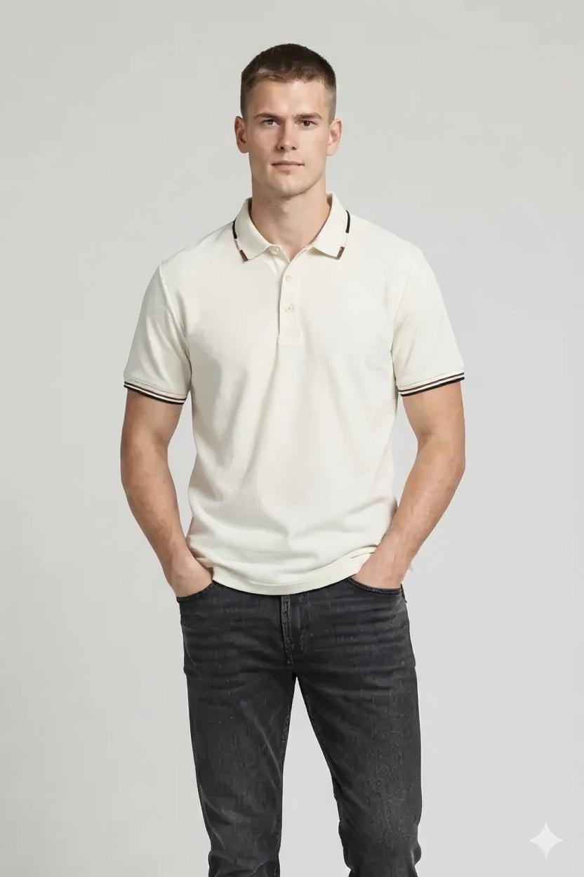 Men Off White Polo Collar Solid T-shirt