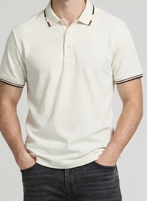 Men Off White Polo Collar Solid T-shirt