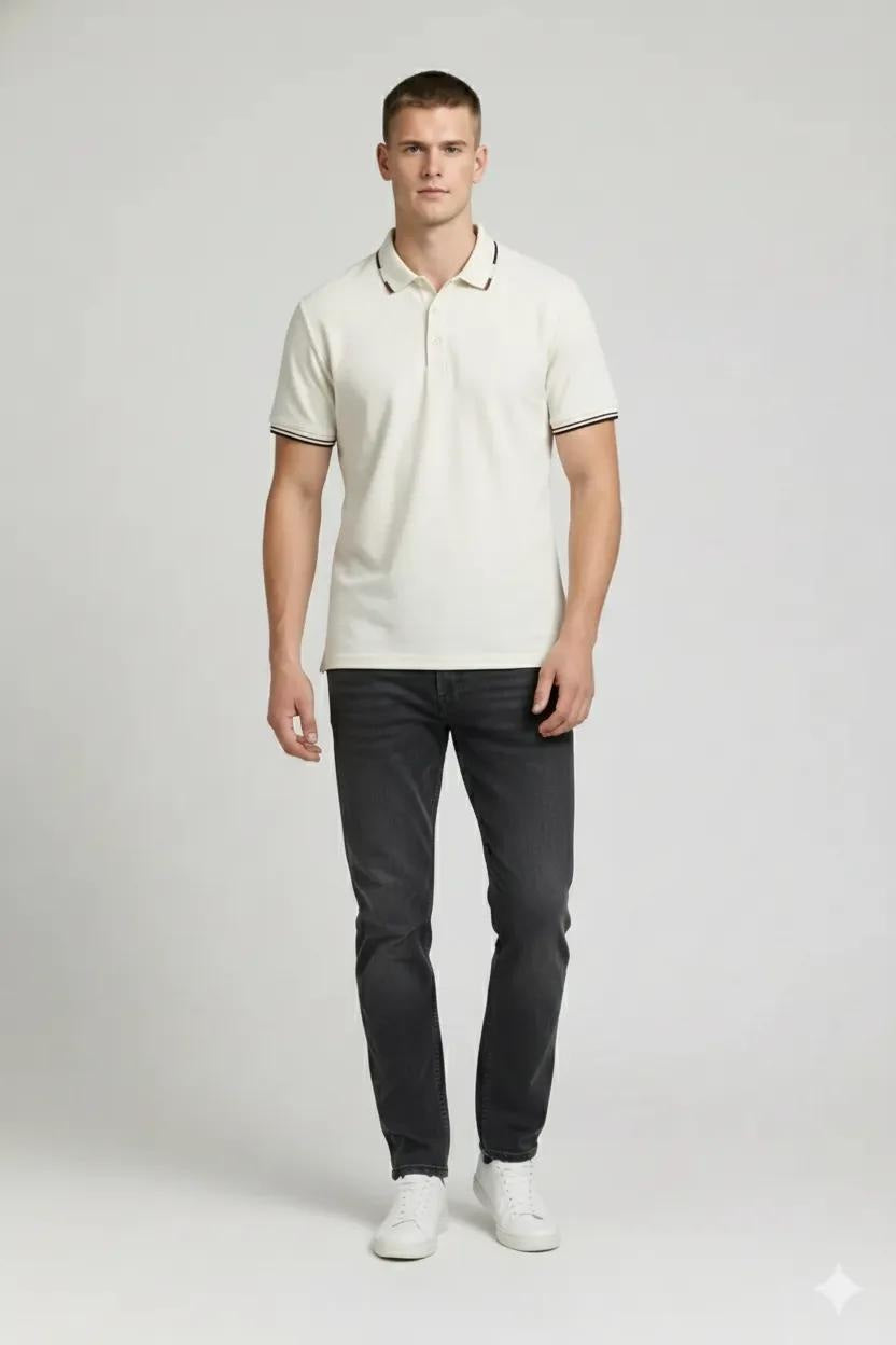 Men Off White Polo Collar Solid T-shirt