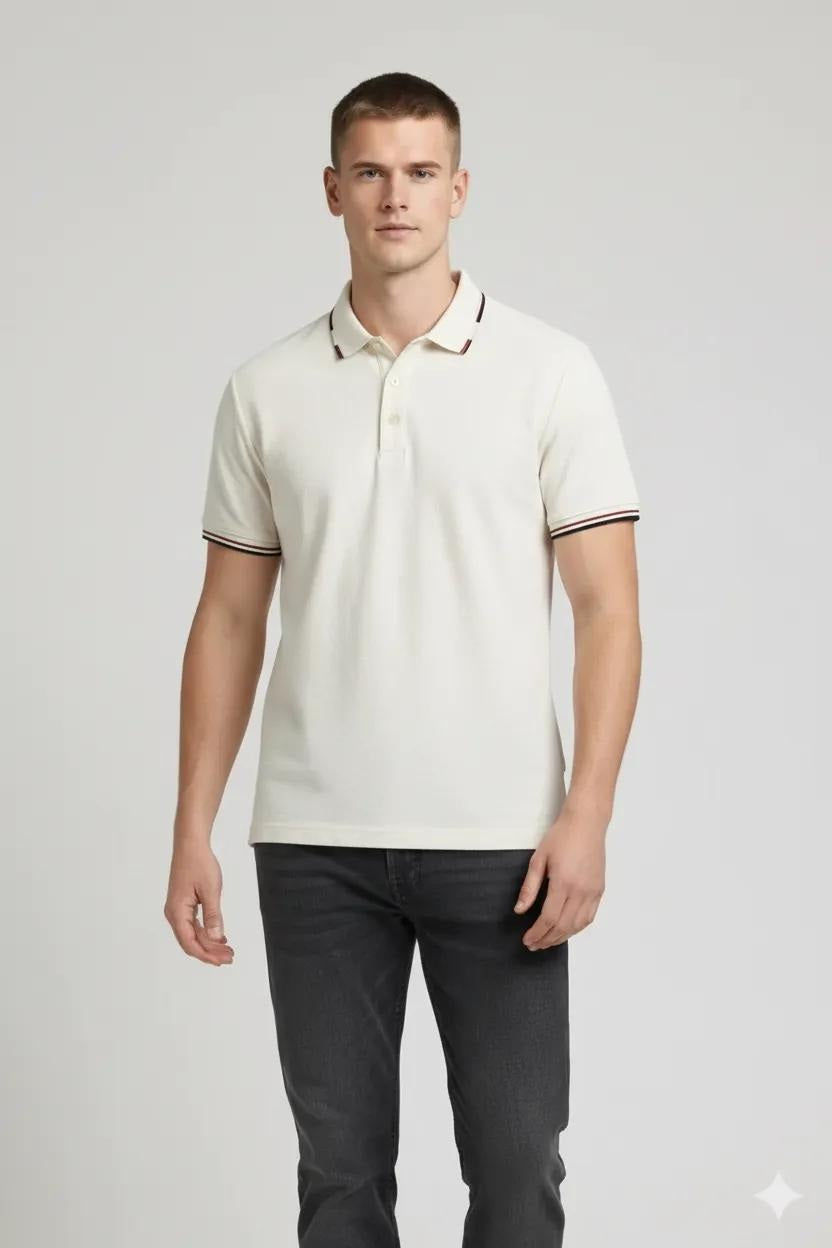 Men Off White Polo Collar Solid T-shirt