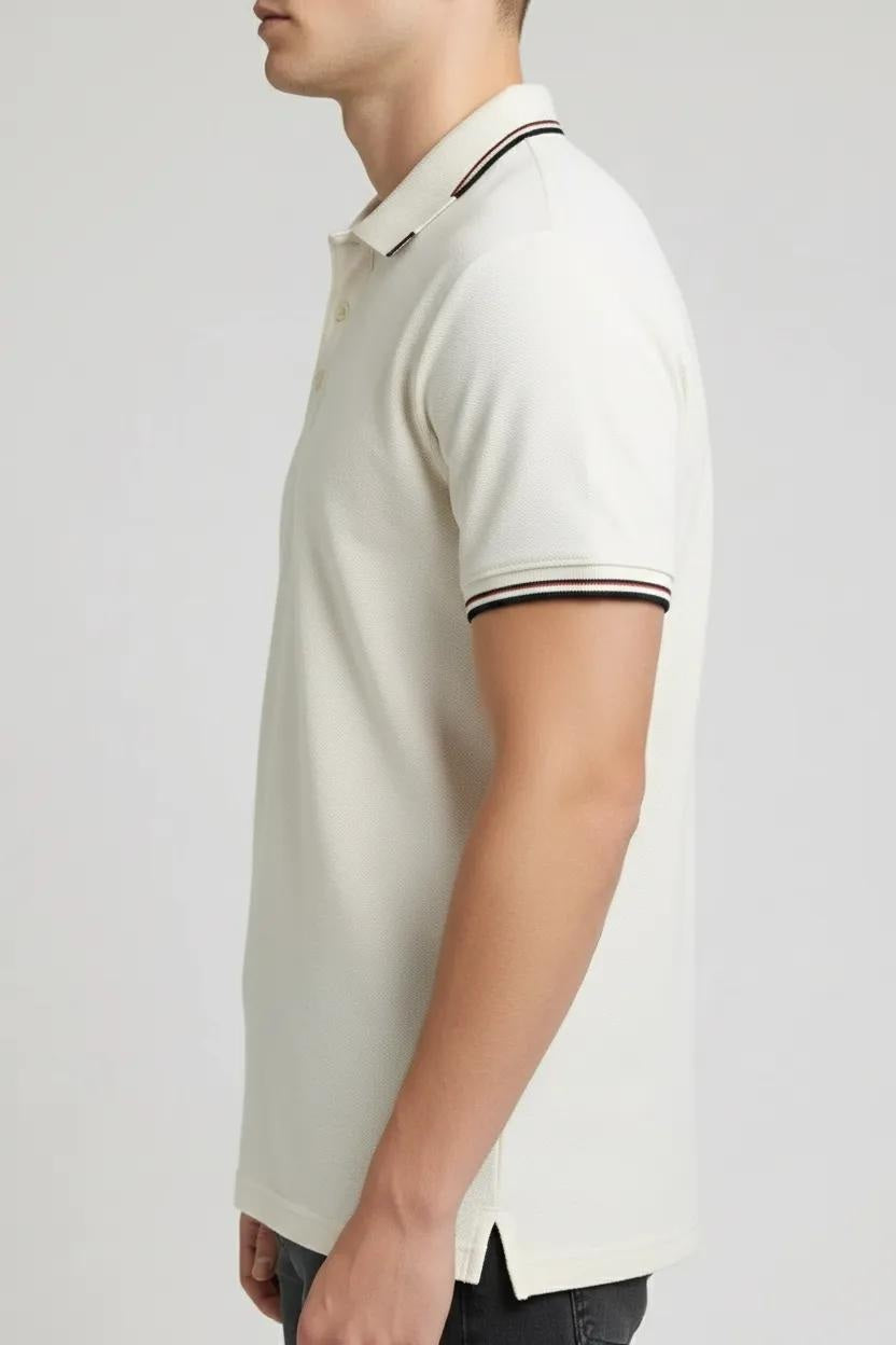Men Off White Polo Collar Solid T-shirt