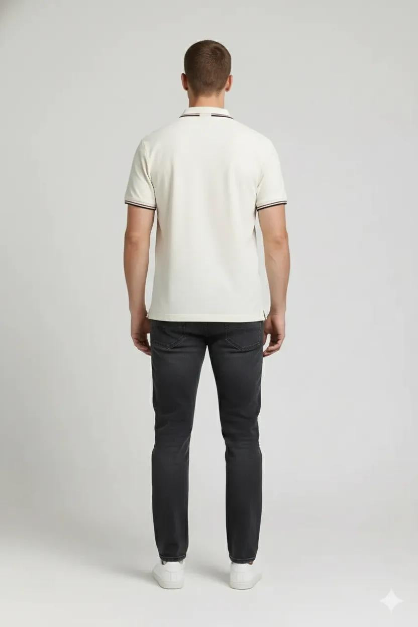 Men Off White Polo Collar Solid T-shirt