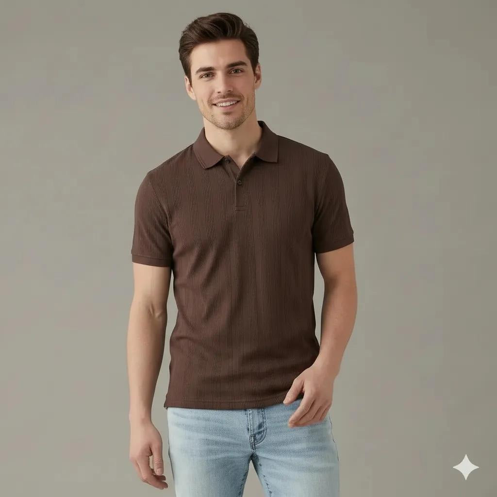 Men Coffee Striped Polo Collar T-shirt