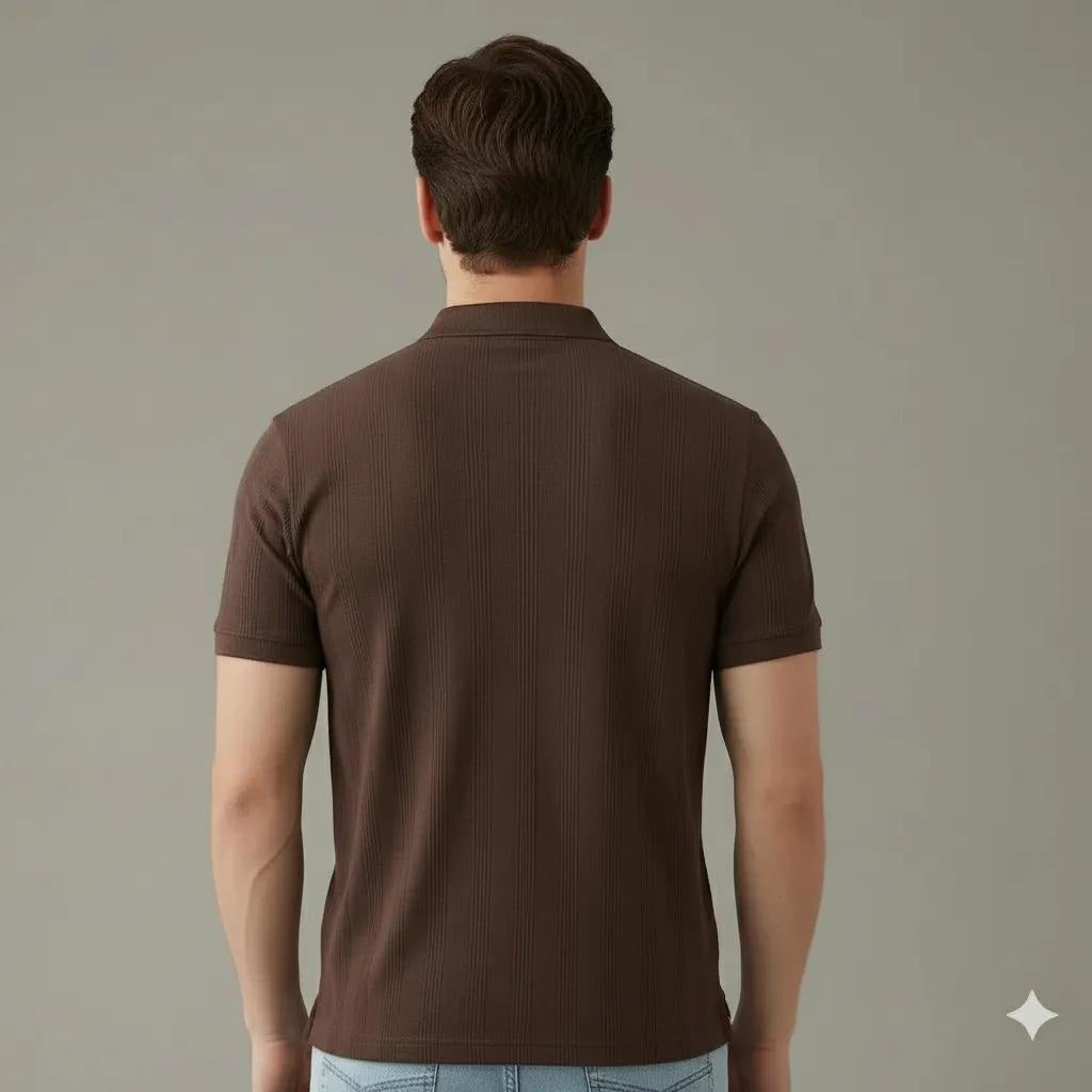 Men Coffee Striped Polo Collar T-shirt