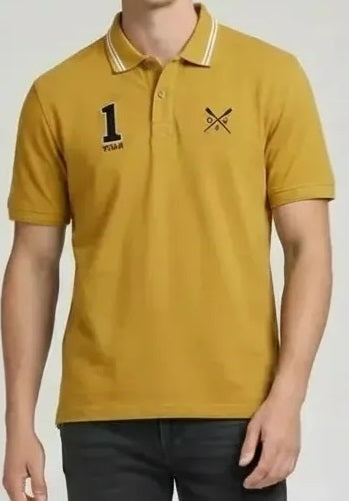 Men Mustard Printed Polo Collar Pockets T-shirt