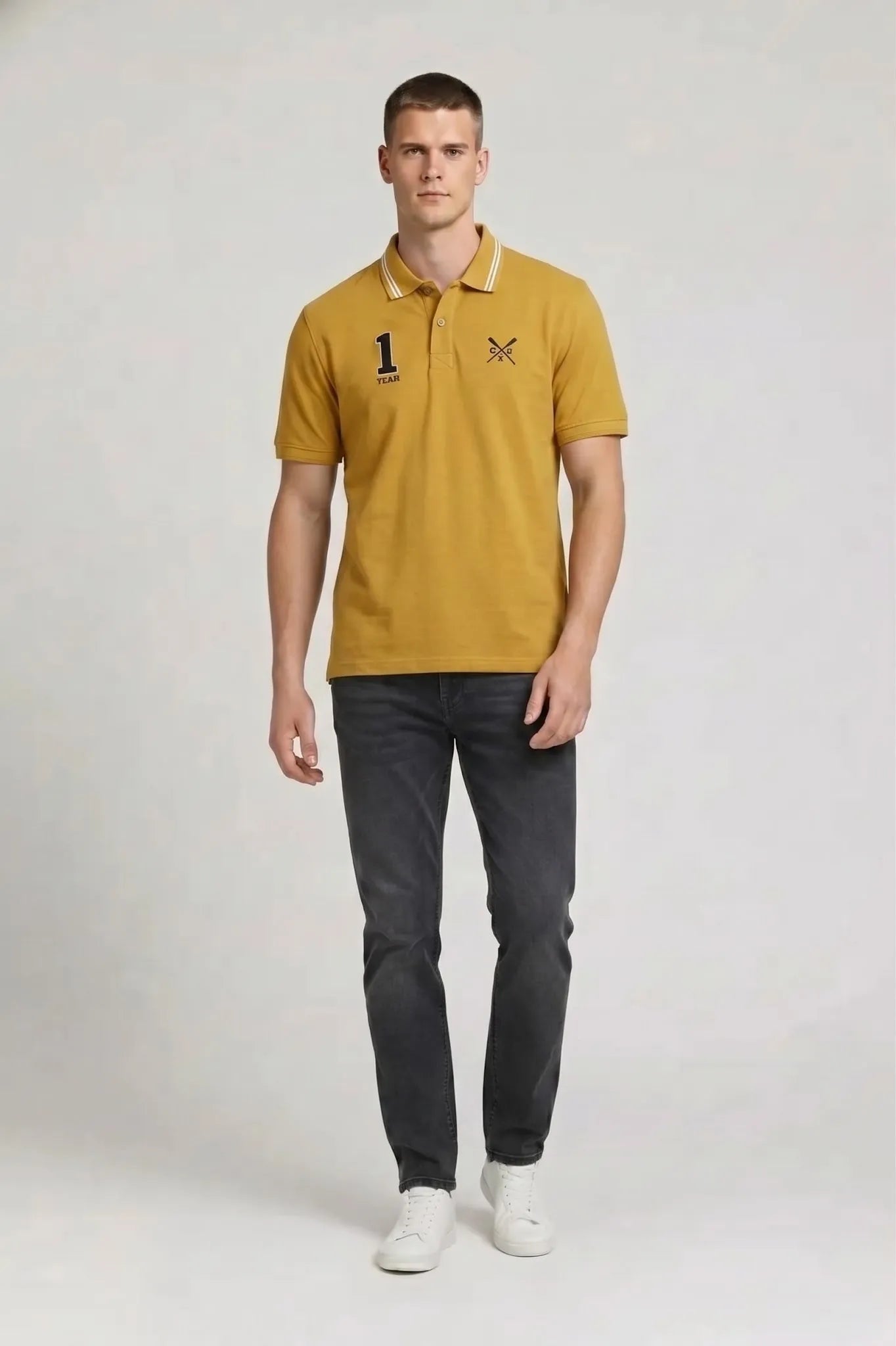 Men Mustard Printed Polo Collar Pockets T-shirt