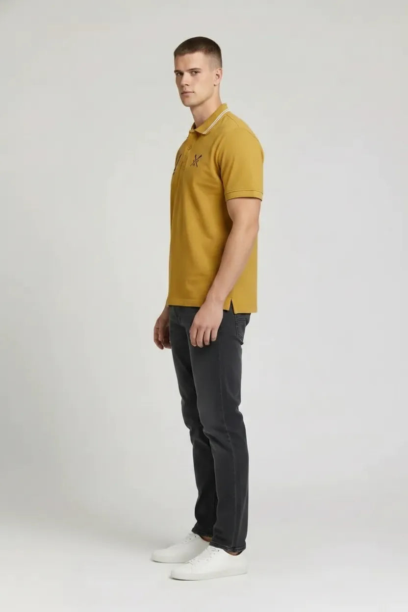 Men Mustard Printed Polo Collar Pockets T-shirt