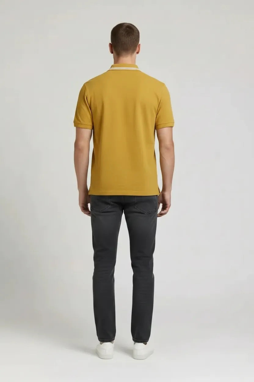 Men Mustard Printed Polo Collar Pockets T-shirt