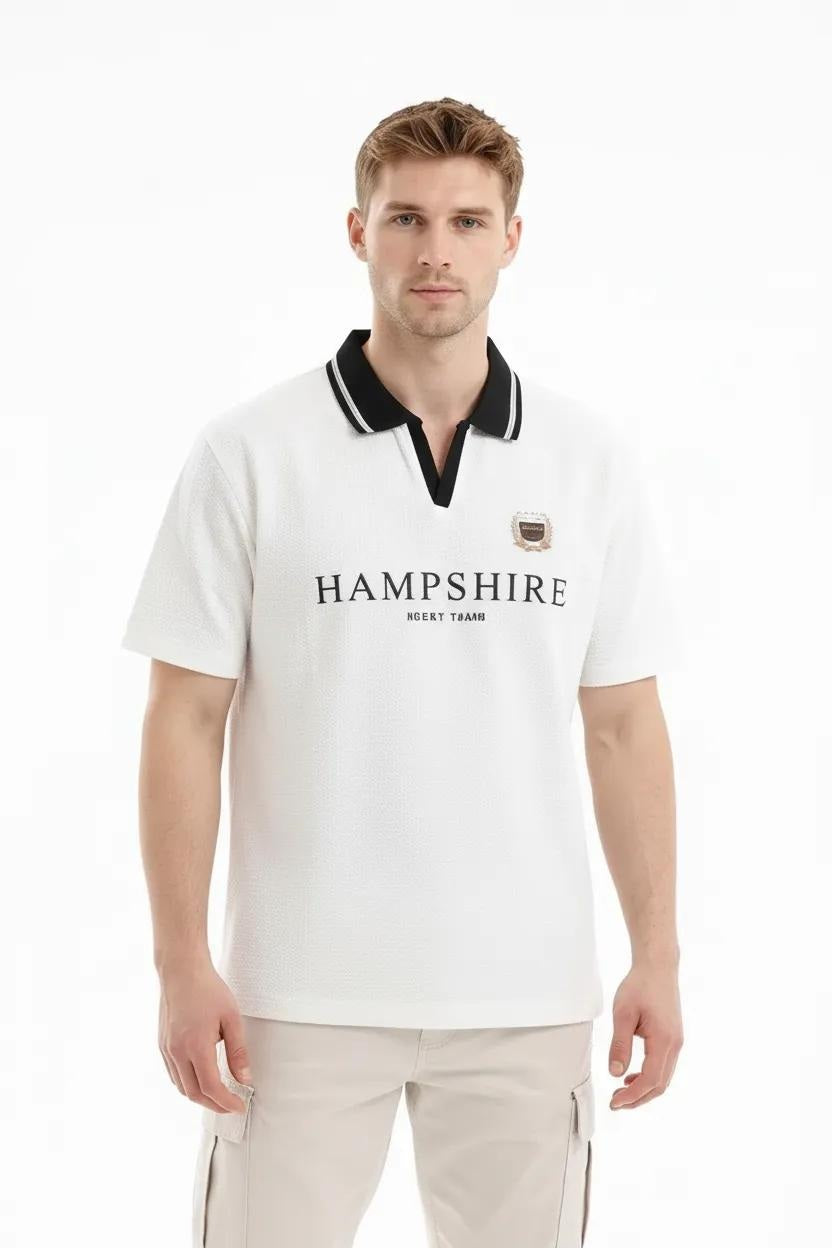 Men Off White Typography Printed Polo Collar Cotton T-shirt