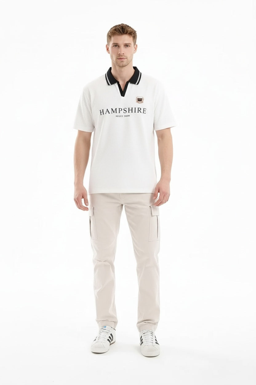 Men Off White Typography Printed Polo Collar Cotton T-shirt