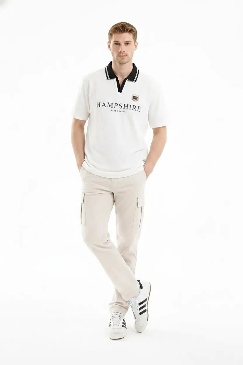 Men Off White Typography Printed Polo Collar Cotton T-shirt