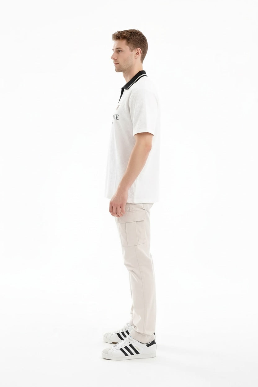 Men Off White Typography Printed Polo Collar Cotton T-shirt