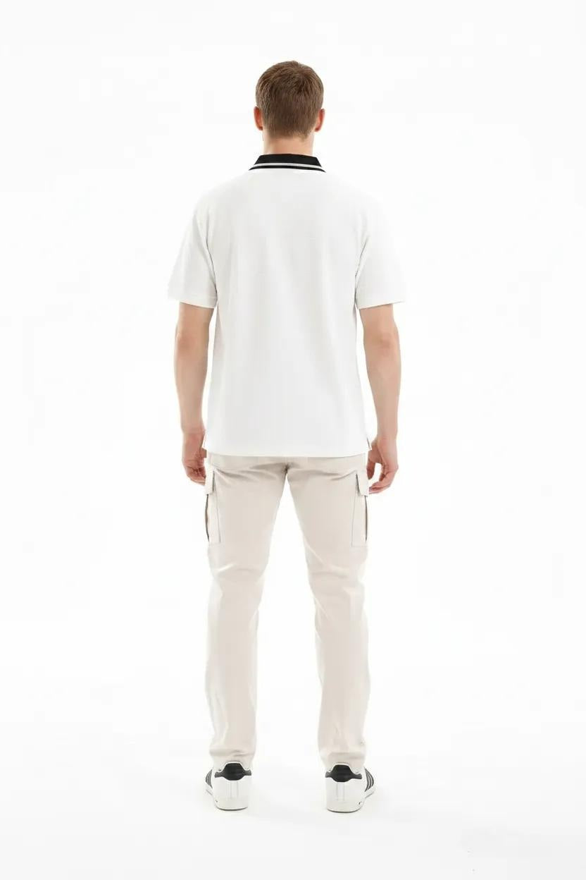 Men Off White Typography Printed Polo Collar Cotton T-shirt