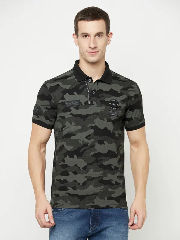 Octave Men Black Camouflage Printed Polo Collar T-Shirt