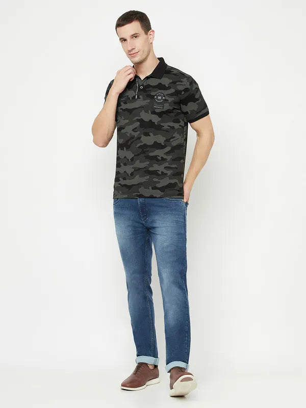 Octave Men Black Camouflage Printed Polo Collar T-Shirt