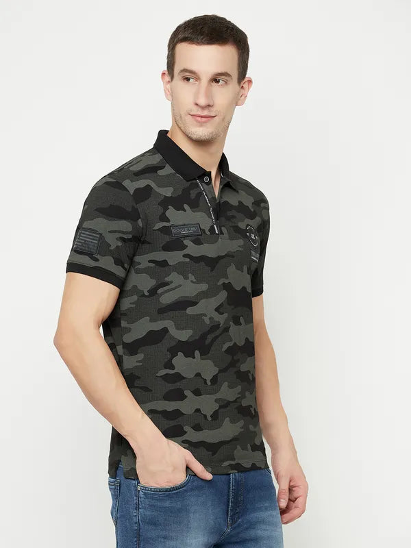 Octave Men Black Camouflage Printed Polo Collar T-Shirt