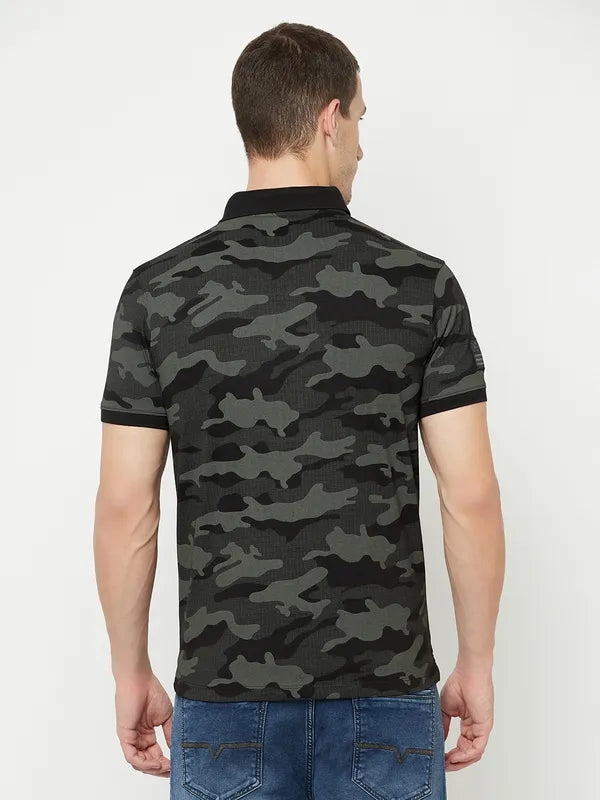 Octave Men Black Camouflage Printed Polo Collar T-Shirt