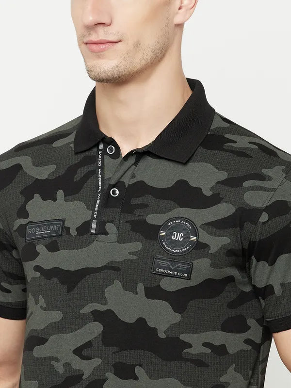 Octave Men Black Camouflage Printed Polo Collar T-Shirt