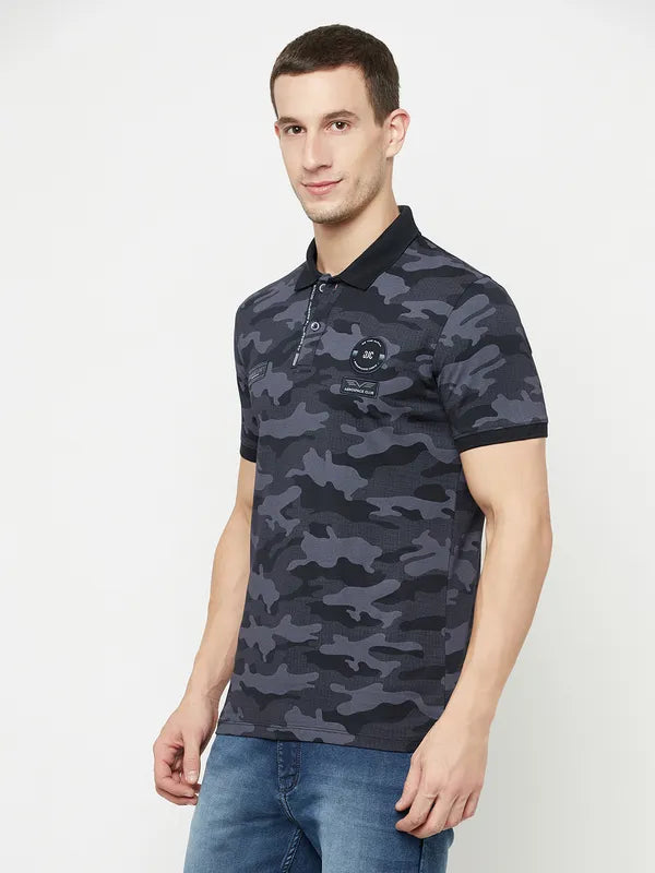Octave Men Navy Blue Camouflage Printed Polo Collar Applique T-Shirt