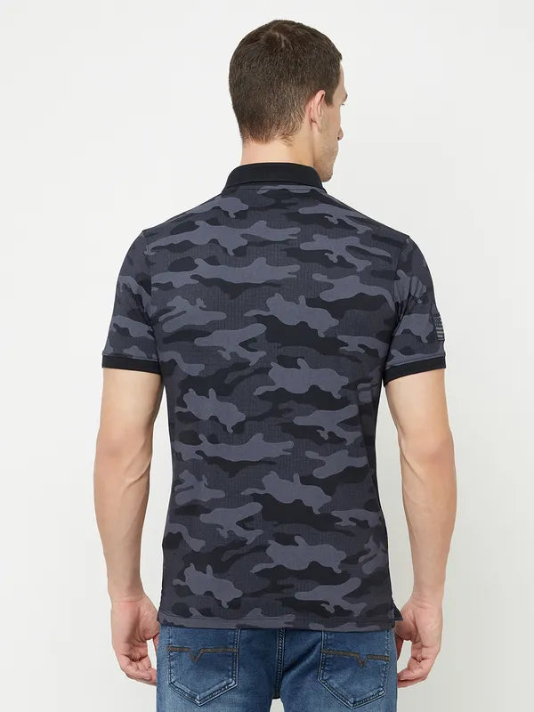 Octave Men Navy Blue Camouflage Printed Polo Collar Applique T-Shirt