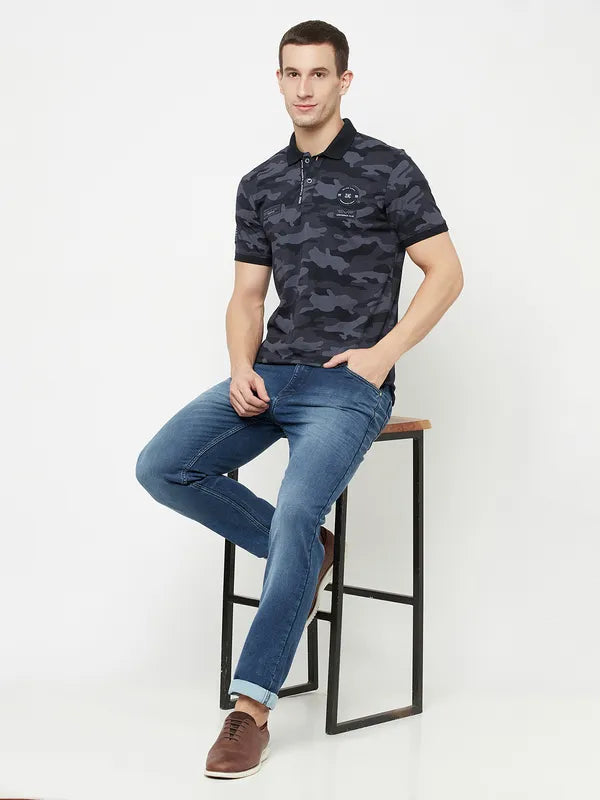 Octave Men Navy Blue Camouflage Printed Polo Collar Applique T-Shirt