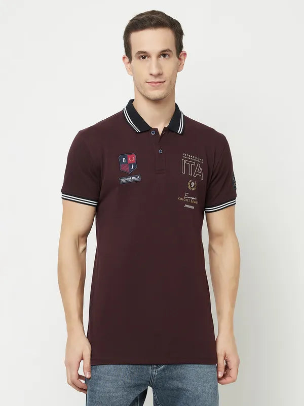 Octave Men Maroon  Temptress Typography Polo Collar Applique T-Shirt