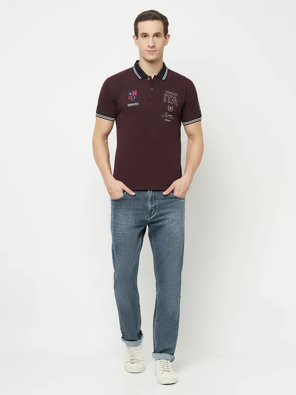 Octave Men Maroon  Temptress Typography Polo Collar Applique T-Shirt