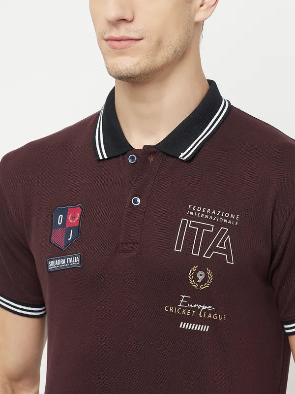 Octave Men Maroon  Temptress Typography Polo Collar Applique T-Shirt