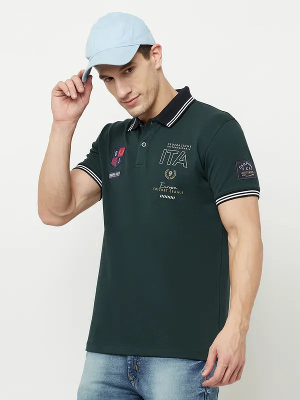 Octave Men Green  Gunmetal Typography Polo Collar T-Shirt