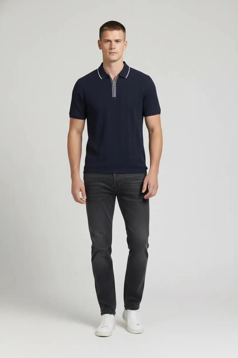 Men Dark Navy Polo Collar Solid T-shirt
