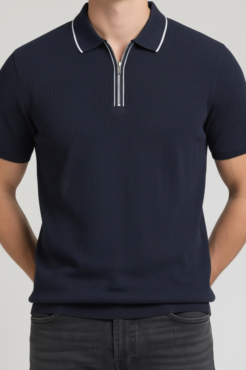 Men Dark Navy Polo Collar Solid T-shirt