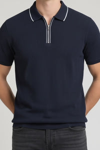 Men Dark Navy Polo Collar Solid T-shirt