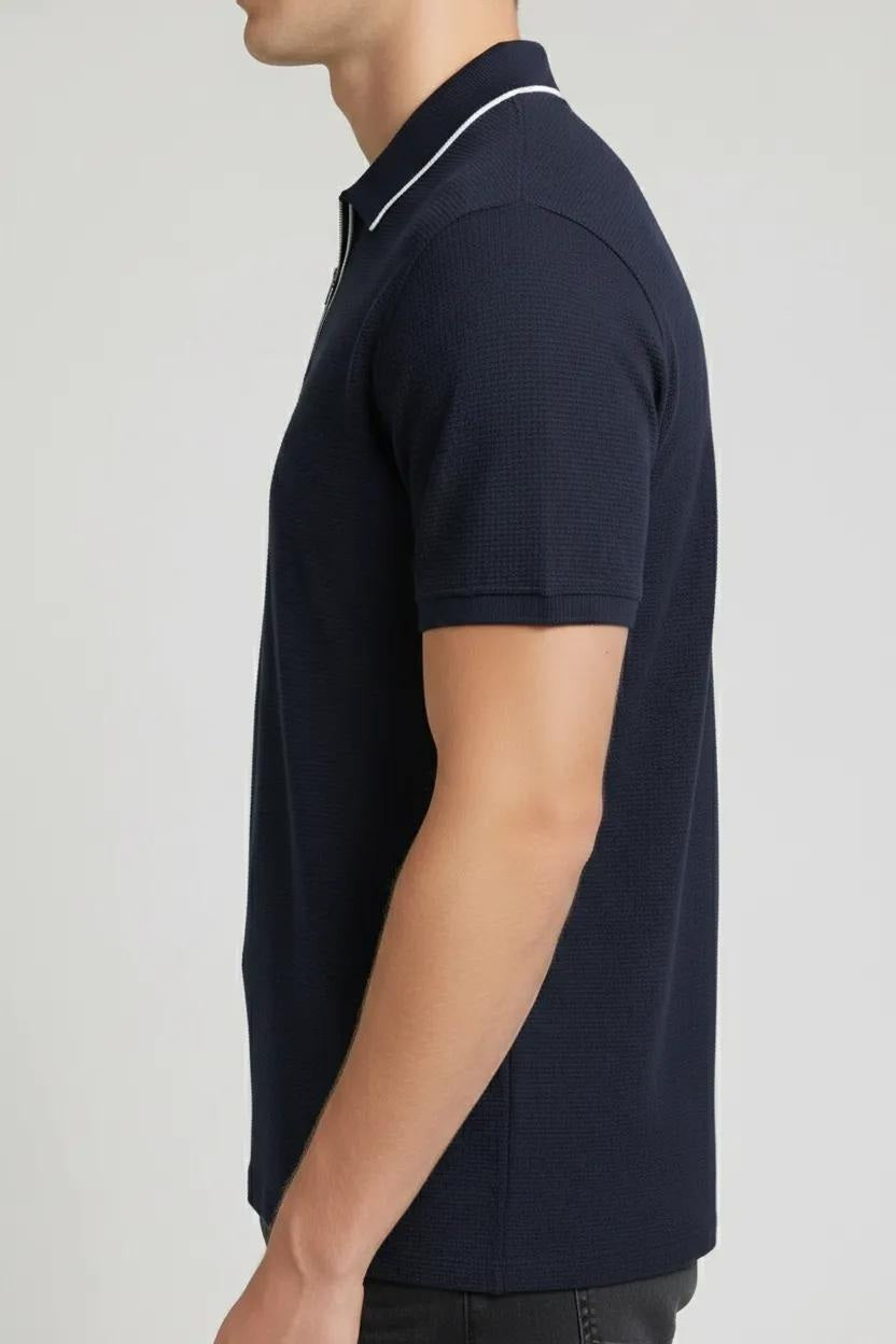 Men Dark Navy Polo Collar Solid T-shirt