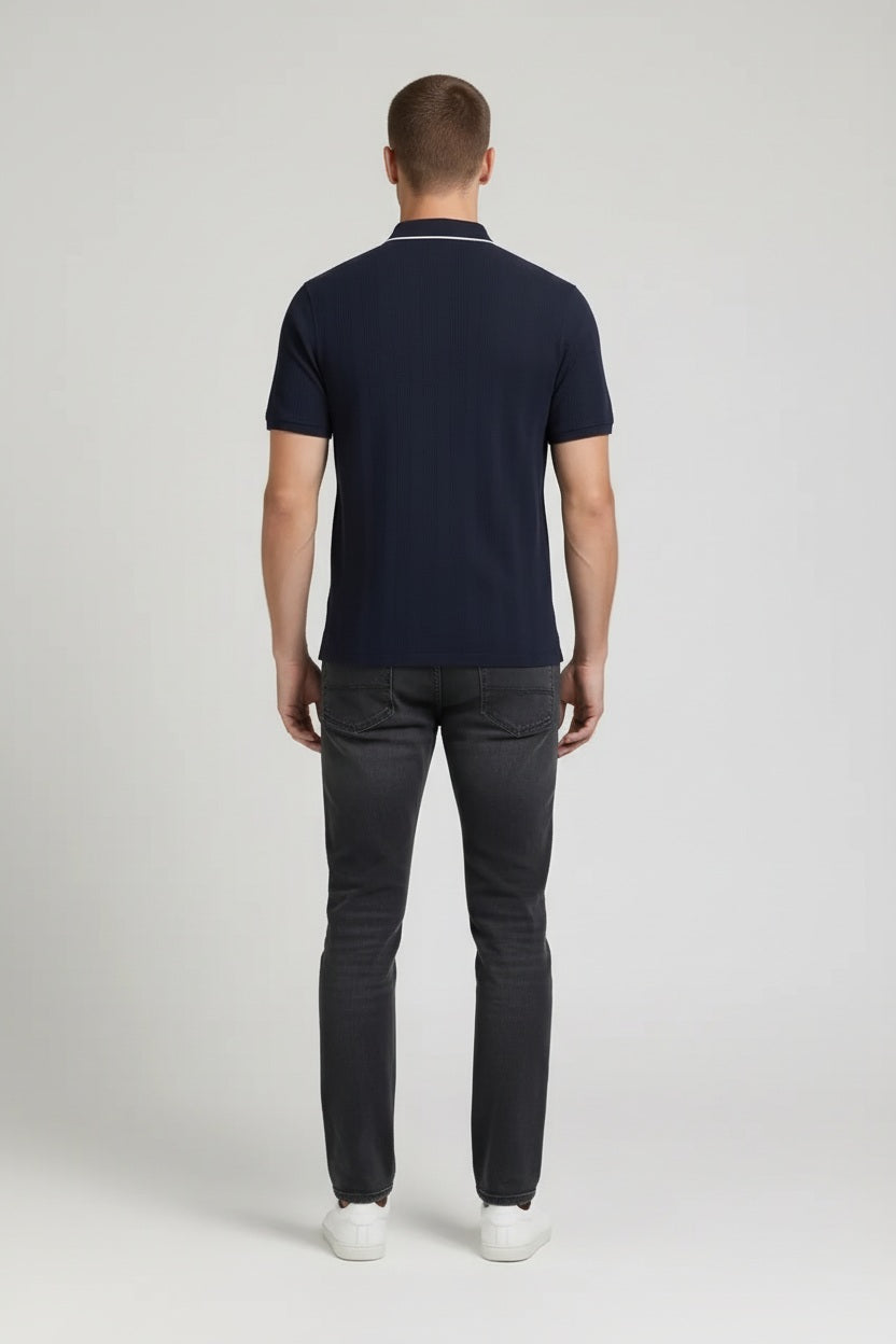 Men Dark Navy Polo Collar Solid T-shirt