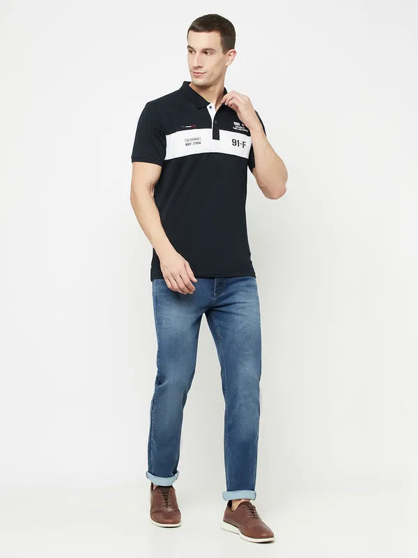 Octave Men Navy Blue Typography Polo Collar Applique T-Shirt