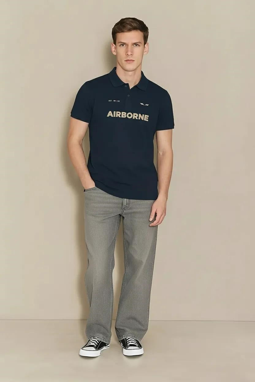 Men Dark Navy Typography Printed Polo Collar T-shirt