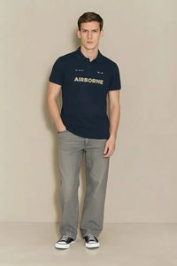 Men Dark Navy Typography Printed Polo Collar T-shirt