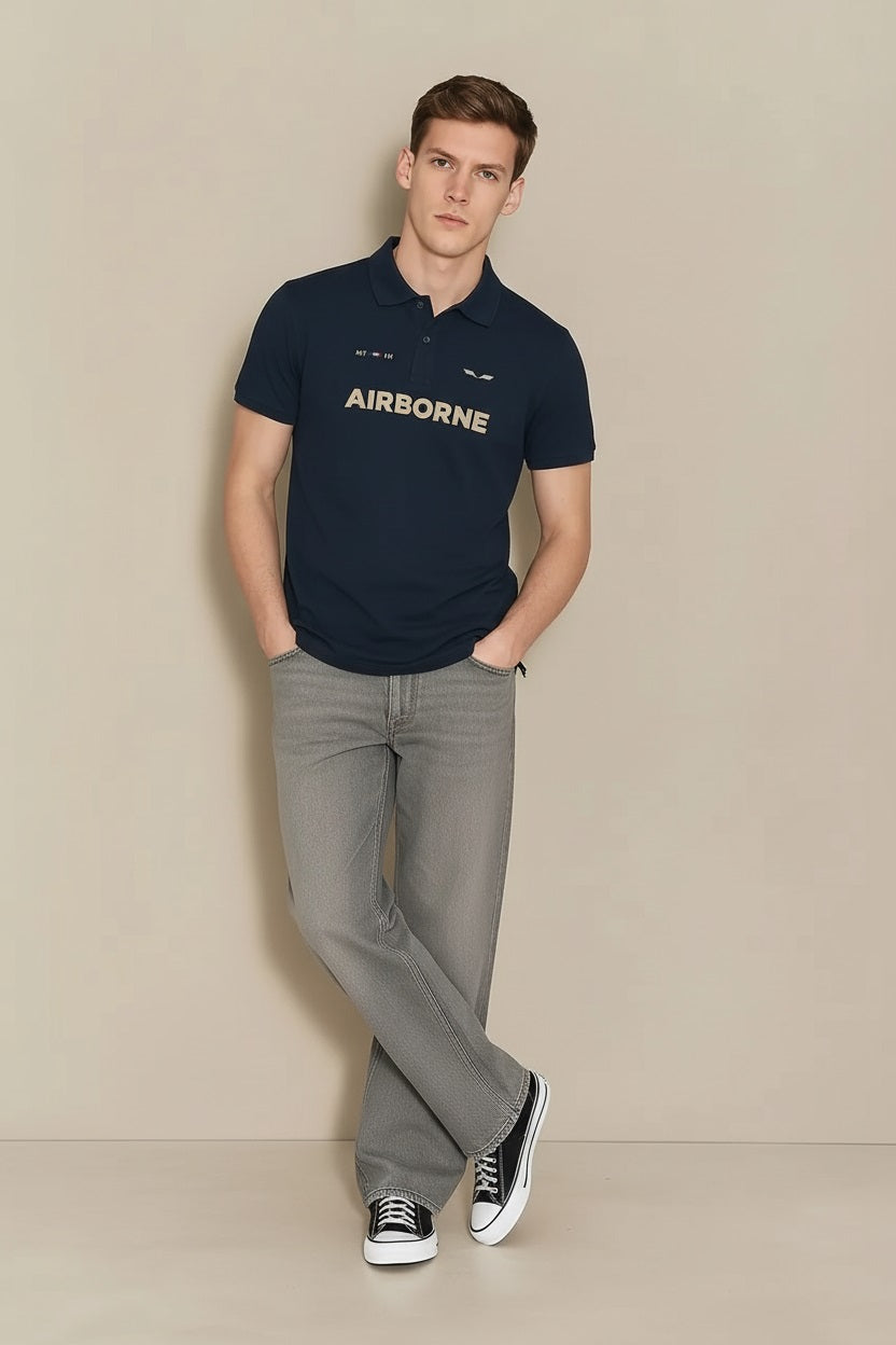 Men Dark Navy Typography Printed Polo Collar T-shirt