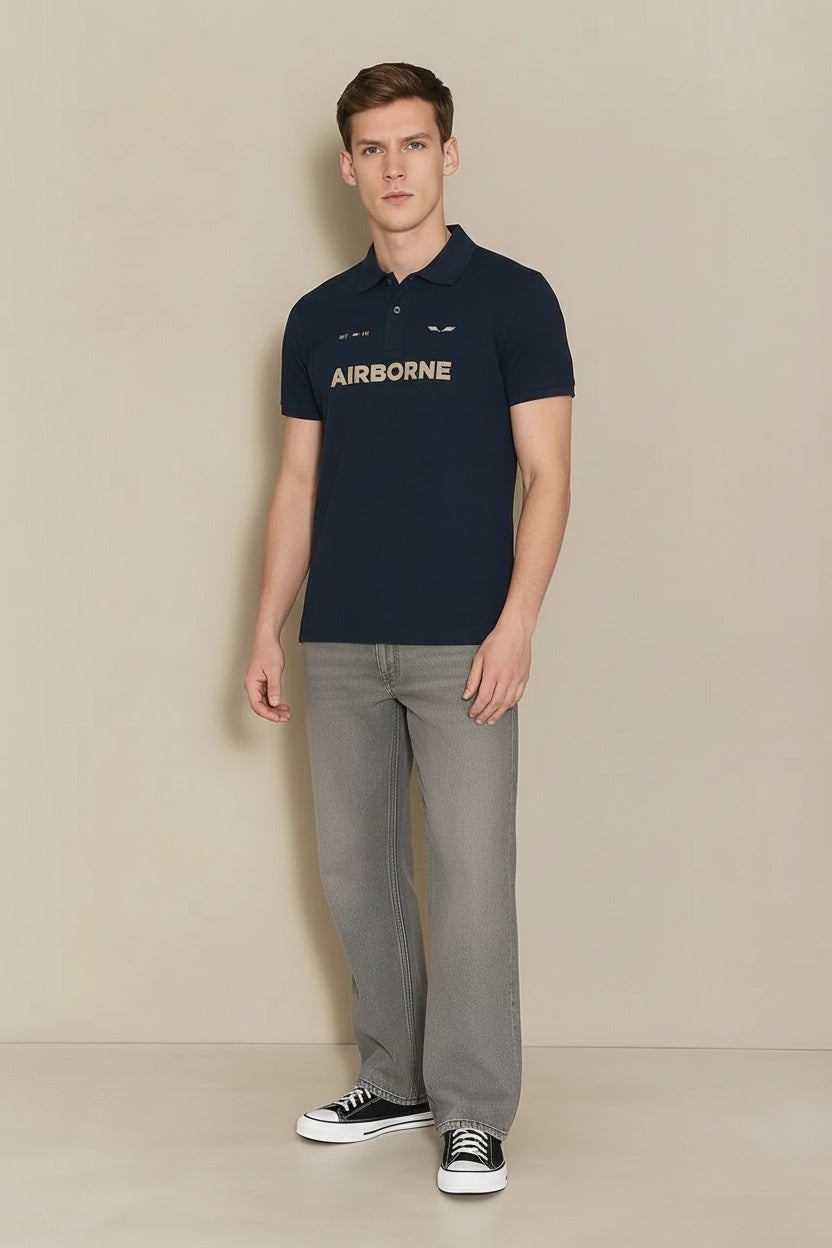 Men Dark Navy Typography Printed Polo Collar T-shirt