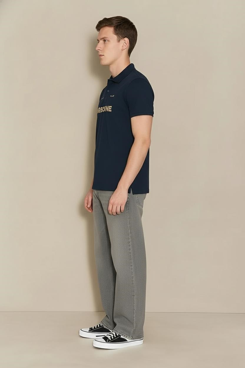 Men Dark Navy Typography Printed Polo Collar T-shirt
