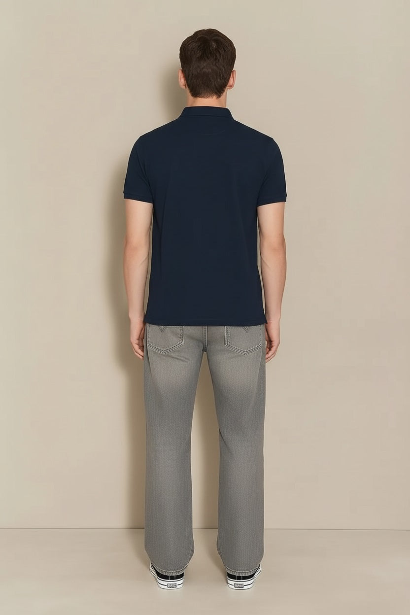 Men Dark Navy Typography Printed Polo Collar T-shirt