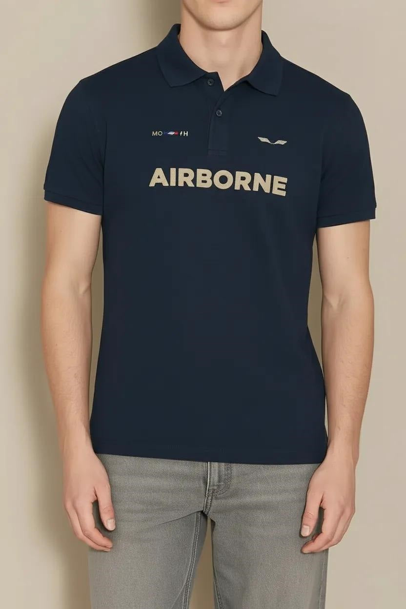 Men Dark Navy Typography Printed Polo Collar T-shirt