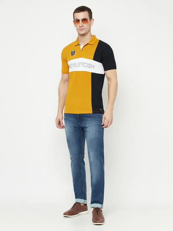 Octave Men Yellow Colourblocked Polo Collar Applique T-Shirt